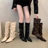 Fashion Women Trend Boots Temperament Pointe Leather Boots Quality Belt Buckle Knight Boot Lady Knee-high Boot Pleated Design Long Boots