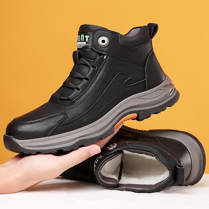 Кожаные походные туфли на меховой подкладке для мужчин. Нескользящие теплые кроссовки на флисовой подкладке. Мужские зимние высокие деловые ботинки. Рабочие ботильоны для мужчин.