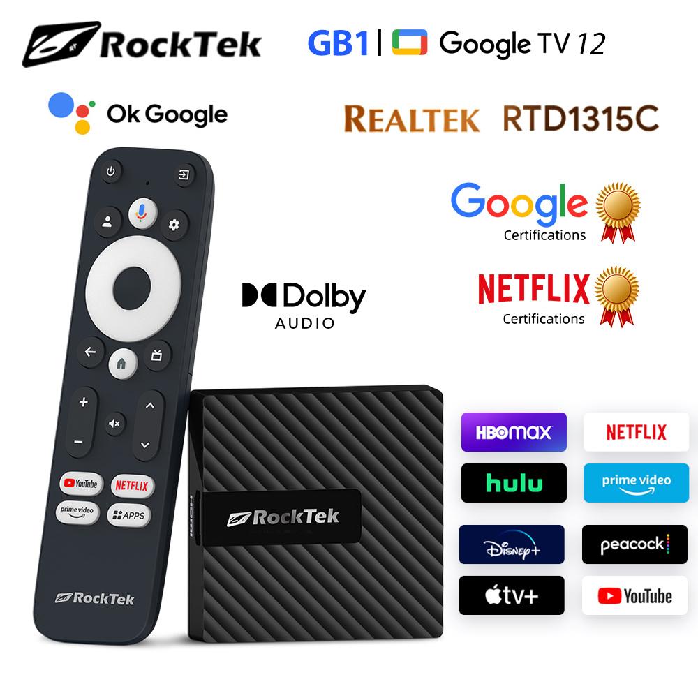RockTek GB1 Google TV 12 Dongle Netflix & Google Certified 2G 16G DDR4 Realtek1315C Support Dolby Atmos Vision 2T2R Wifi Mini Box