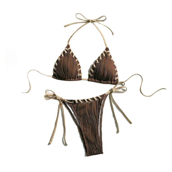 2 шт./комплект женский комплект бикини сексуальный плиссированный пэчворк цветной бюстгальтер халтер высокая талия плавки комплект со шнуровкой пляжный купальник