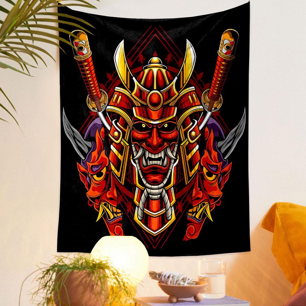 Samurai Mask with Swords and Demonic Faces Patterned Tapestry Decorative Wall Hanging, Home Bedroom Living Room Decor
