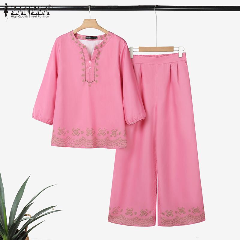 ZANZEA Женский повседневный комплект из двух частей: блузка с длинным рукавом и брюки с принтом