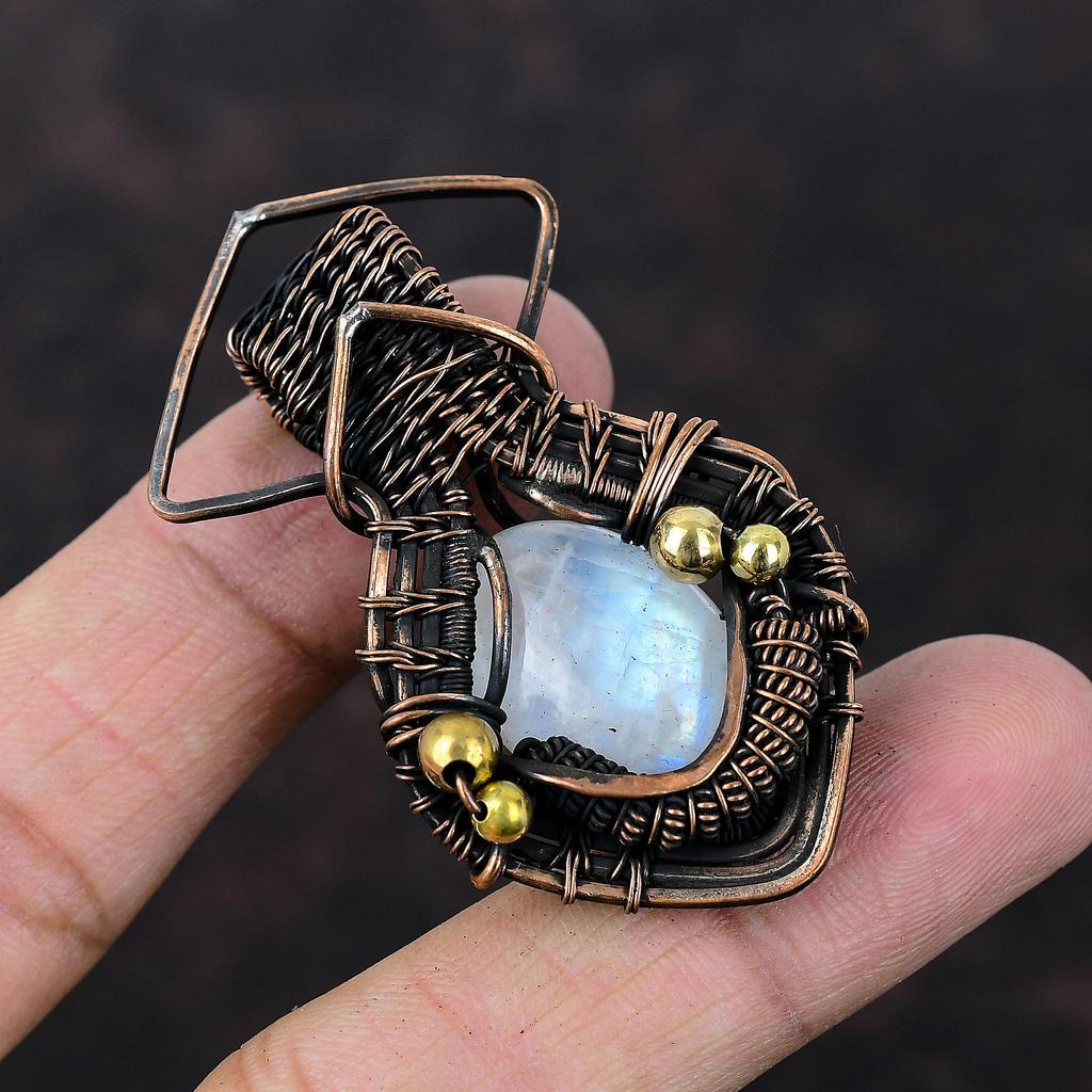 Подвеска Rainbow Moonstone, обернутая медной проволокой, драгоценный камень, подвеска Moonstone, ювелирное изделие, подвеска ручной работы, обернутая медной проволокой, подарок для жены