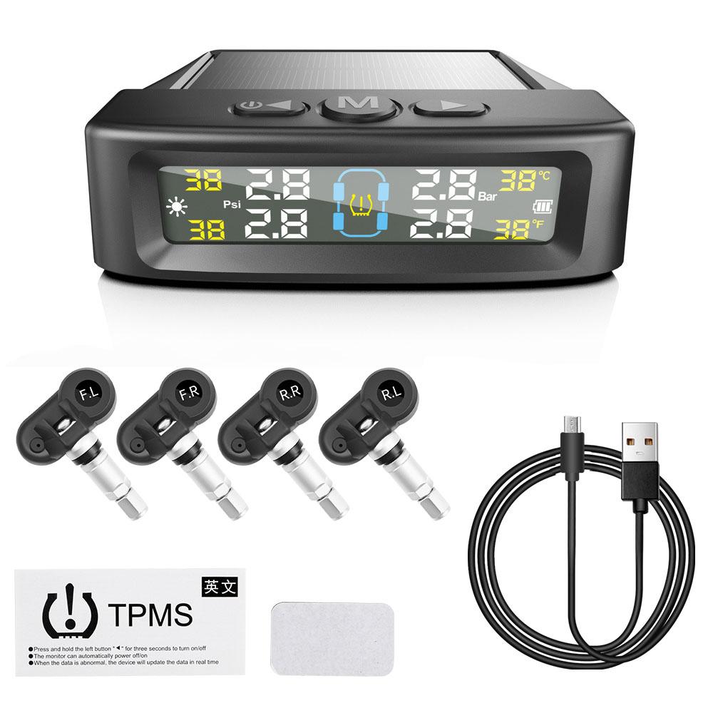 Car Tyre Pressure Monitor Solar TPMS Tire Pressure Monitoring System With 4 External Sensors Tyre Pressure Alarm Temperature Warning Fuel Save