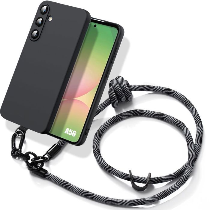 Protective Case - BOOLING - for Samsung Galaxy A56 5G - Soft Black Silicone - Removable Shoulder Strap - Shockproof