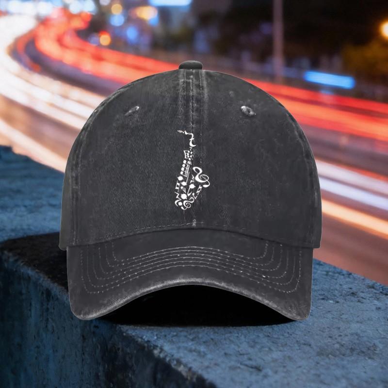 Saxophone Music Note Baseball Cap Washed Denim Adjustable Casual Sports Snapback Hat