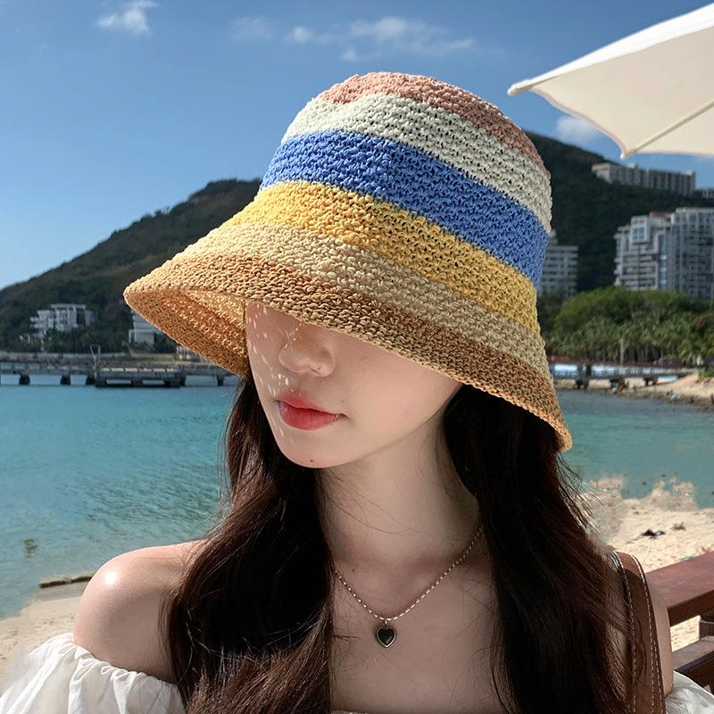Японская милая радужная соломенная шляпа с красочным краем, большая плетеная из травы шляпа рыбака, пляжная шляпа-зонтик, шляпа-ведро для воды