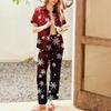 Женский рождественский пижамный комплект с принтом, женские короткие рукава, длинные брюки, комплект из двух предметов, застегивающийся на пуговицы, домашняя одежда
