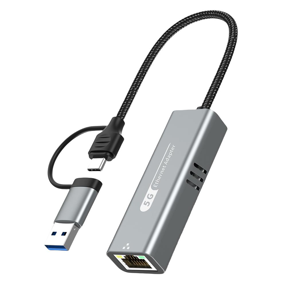 2-в-1 USB/Type C на Ethernet-адаптер 5000 Мбит/с RJ45 в Type C Ethernet-конвертер USB-C LAN-адаптер для Windows 10/11 и Mac OS