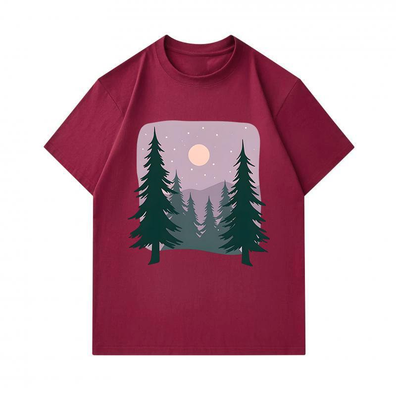 Men's 100% Cotton Crew Neck Short Sleeve T-Shirt, Cute Pine Forest Night Moon Star Scenery Print Casual Lightweight Summer Tees for Daily Wear