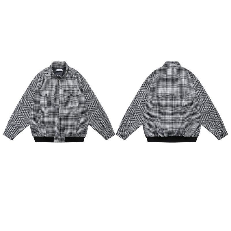 American Vintage Checkered Stand Collar Wool Blend Jacket Loose Fit Casual Outerwear Men