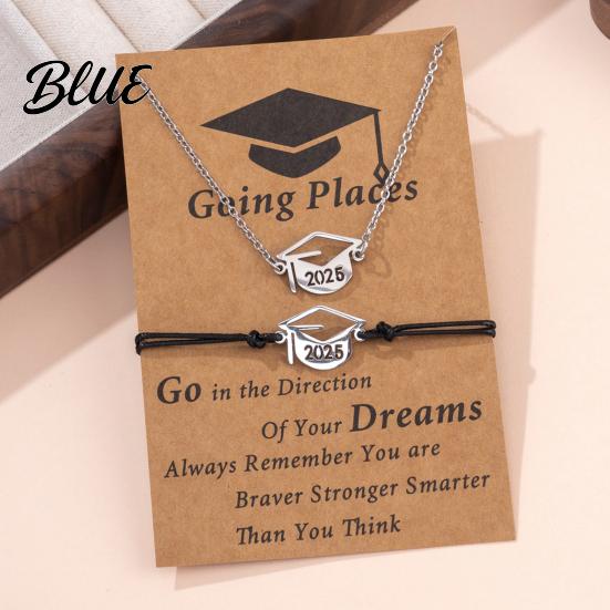 Graduation Cap Pendant Necklace 2025 Jewelry Set Stainless Steel Bracelet