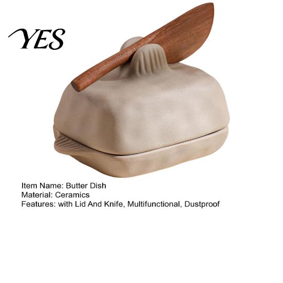 Ceramic Butter Server Dish with Lid And Wooden Knife, Kitchen Countertop Cheese Storage Tray, Keeper Container for Fridge & Table Serving