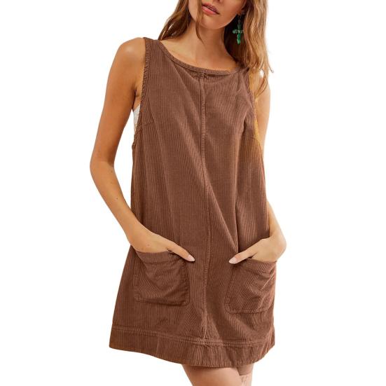 Женское платье с боковыми карманами, без рукавов, с открытой спиной, с круглым вырезом, свободное однотонное мини-платье, длиной выше колена, повседневное платье