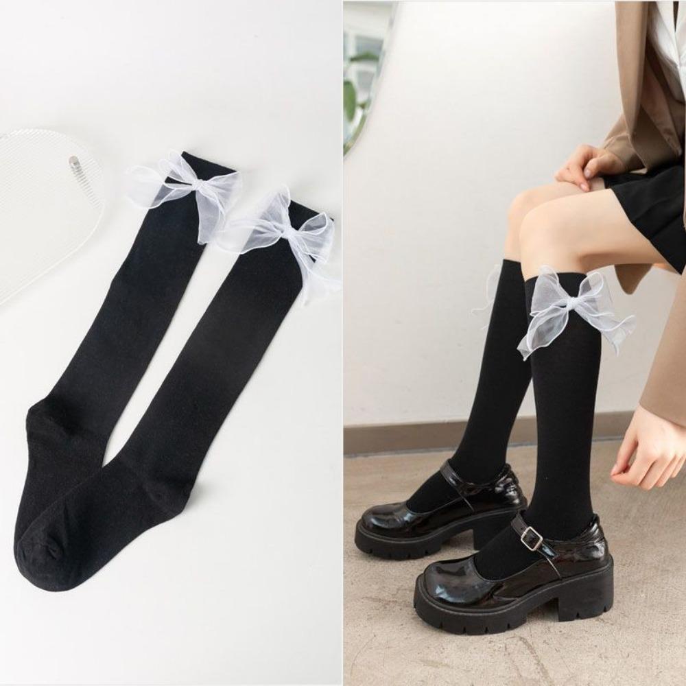 Bow Tube Socks Women's Spring and Autumn Black and White JK Lolita Calf Socks Japanese Girls College Style Knee Socks