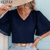 Женские модные повседневные летние весенние однотонные блузки и рубашки с v-образным вырезом и короткими рукавами с принтом