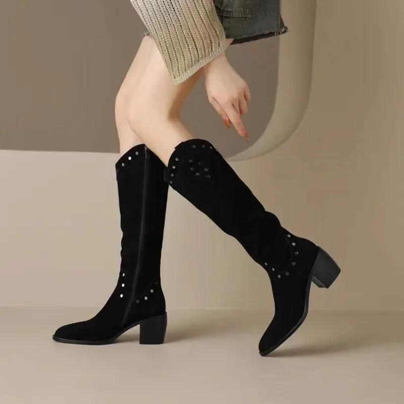 Ladies Shoes On Sale 2024 Brand Zipper Women's Boots Autumn Pointed Toe Solid Flock Mid Heeled Rubber Knee-High Women Boots