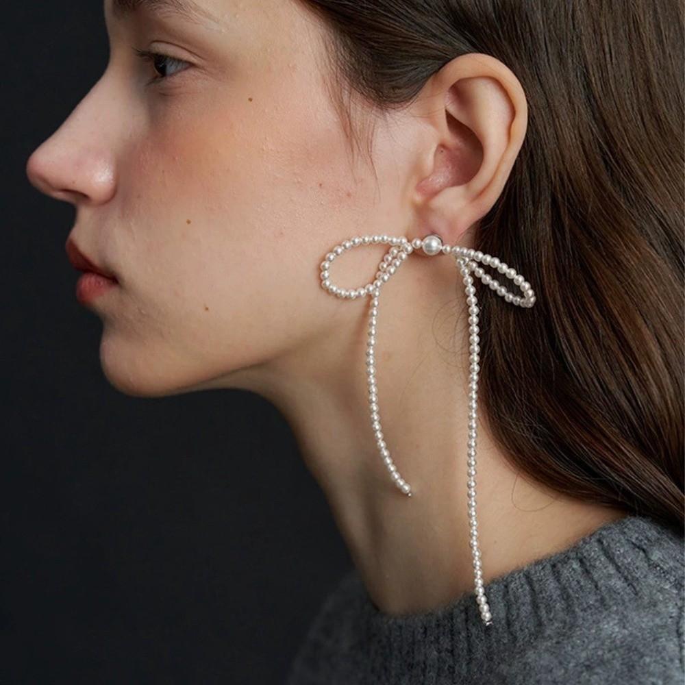 1Pairs Hollow Out Long Drop Earrings Bowknot Ear Stud Elegant Tassel Earrings