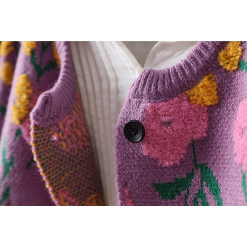 DIMANAF 2025 Цветочные свитера Кардиган Осень Женские с принтом С круглым вырезом Свитера Вязаные Свободные Черный свитер