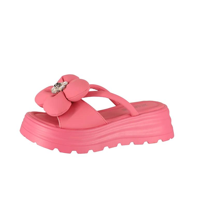 Women's Slippers Flower Platform Sole Rhinestones Shoes Women Dress Outdoor Summer Korean Style 2025 Zapatillas De Mujer