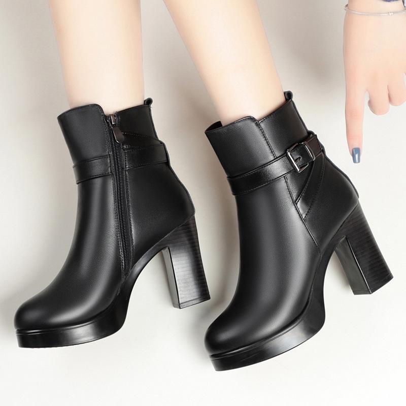 Winter New Leather Thick Heel Women's Boots Short Boots Women's High Heel Waterproof Table Warm Wool Cotton Boots Cowhide Women's Cotton Shoes