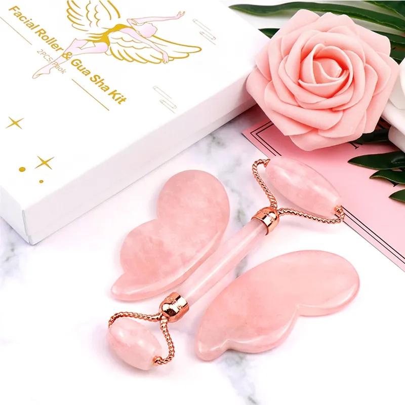 Natural Rose Quartz Jade Roller Gua Sha Set Face Beauty Lifting Jade Massager Gouache Scraper Skin Care Tools With Box