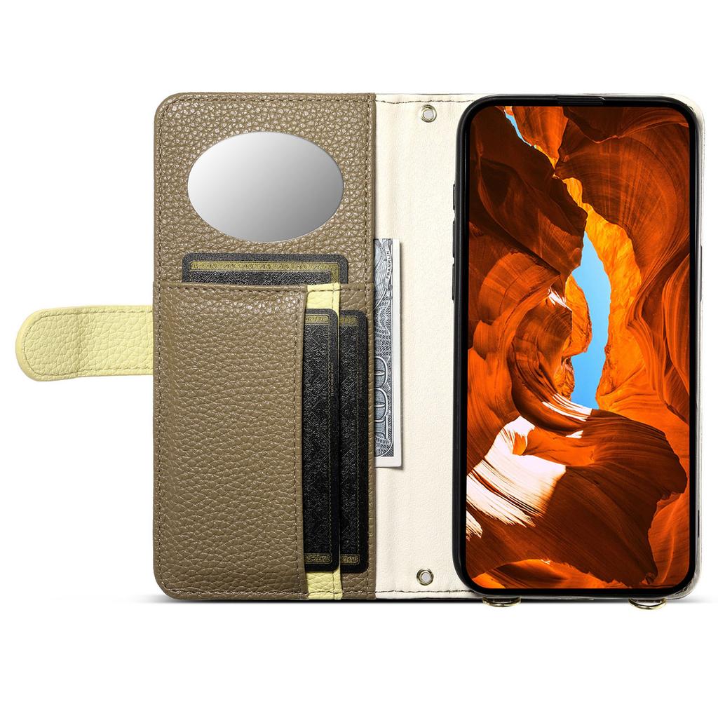 ESEBLE E11 For iPhone 15 Pro Max Case Zipper Pocket Litchi Texture Leather Phone Cover with Mirror and Wrist Strap