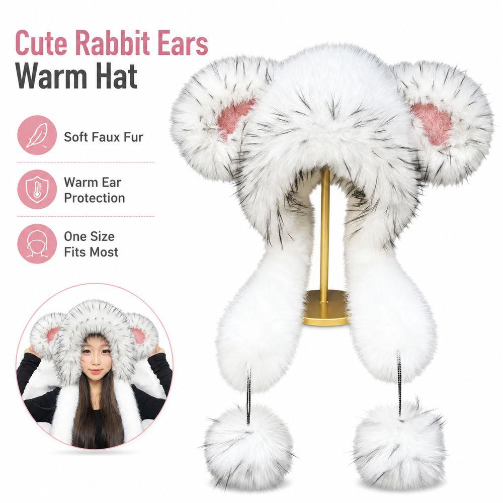 Thick Plush Rabbit Ear Hat White Plush Earflap Hat Cute Style Women's Hat Women