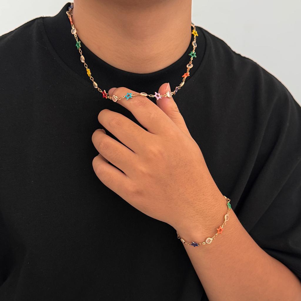 Hip-Hop Niche Colorful Pentagram Crystal Necklace for Men High-End Niche Collarbone Chain Men's Jewelry