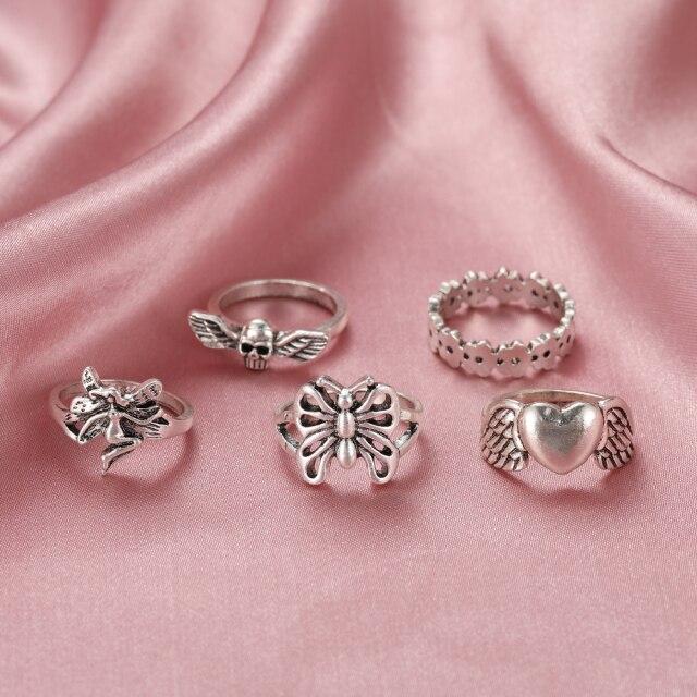 6 шт. Винтажный готический набор колец с бабочкой и цветком, многоэлементный набор для женщин и мужчин, ретро-персонаж, подарки на палец