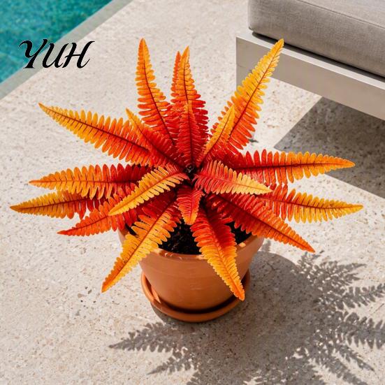 Weather Resistant Plastic Plants Artificial Fall Fern Plants, 18 Heads Autumn Orange Fake Persian Tropical Style Garden Ornaments Greenery Bushes,