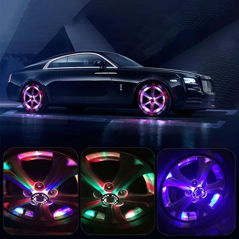 4 шт. Светодиодные огни на колеса автомобиля RGB Салонное освещение автомобиля Пульт дистанционного управления Мигающая лампа ступицы колеса Солнечная зарядка Неоновые аксессуары для автомобиля