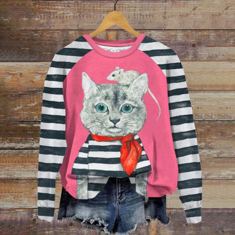 Женские топы с круглым вырезом, забавный милый кот, Повседневная толстовка с принтом Kawaii, пуловер с рисунком животных, женская одежда