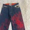 Used Karakuri Tamashii Ryugi Denim Dragon Japanese Pattern Embroidery Red Leather Patch Size 32