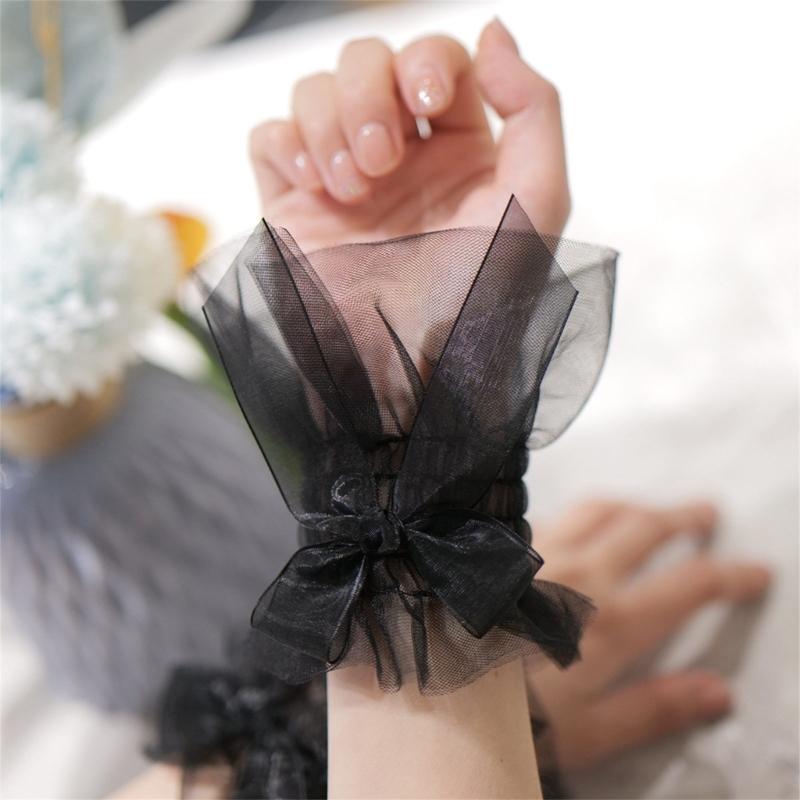 Women Wrist Cuffs Removable Bowknot Ruffled Wedding Supply Bride Dress False Sleeves Tulle Flared Sleeves