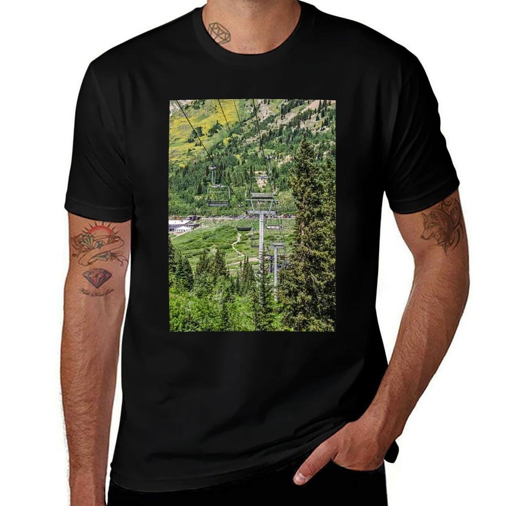 Empty Chairlifts in Summer TShirt Regular Fit Plain Tee Shirt TShirt