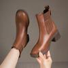 Women's Chelsea Boots New Round Toe Chunky Heel Women Brown Ankle Boots Outdoor High Heel Leather Boots Zapatos Mujer D474