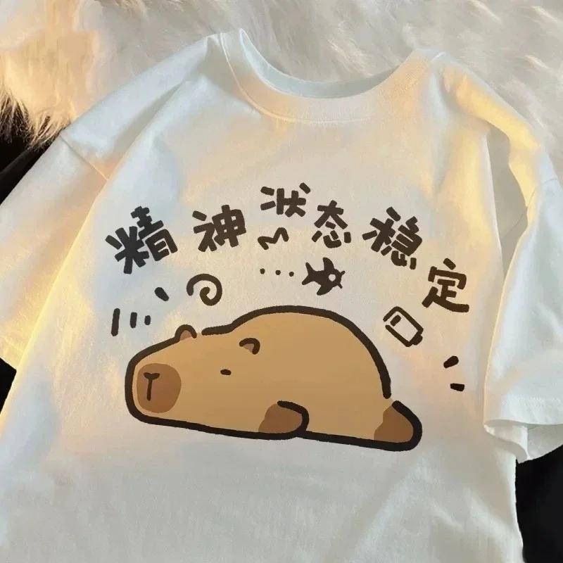New Cute Low Battery Cat Print Round Neck Short-Sleeve T-Shirt Summer Collection Hot Sale Woman Clothes T Shirt Tops Tee