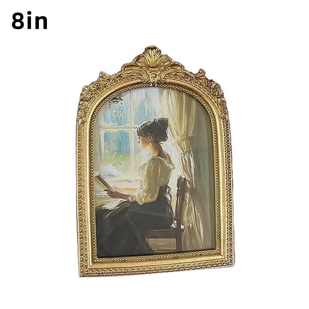 Home Table Decoration Crafts Antique Arch Shaped Photo Frame Gold Color Carved Embossed Resin Picture Frame Holder Wall Hanging