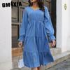 Women's Fashion Summer Spring Solid Color Print Long Sleeve V-Neck High Waist Casual Dresses