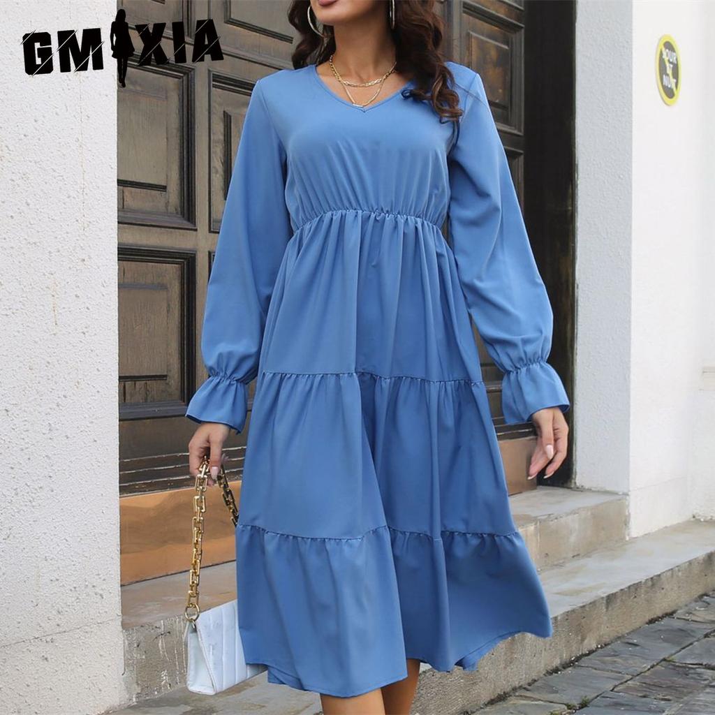 GMXIA Women's Fashion Summer Spring Solid Color Print Long Sleeve V-Neck High Waist Casual Dresses