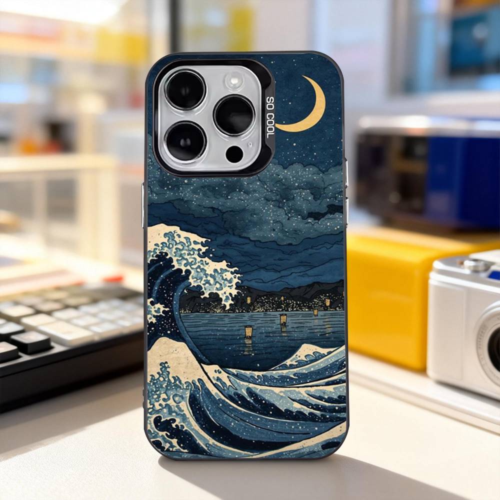 Искусство Укиё-э Морские Волны Чехол для Телефона Для iPhone 17,16,15,14,13,12,11,Pro,XS,Max,Plus,Mini,SE4,E IMD Матовый Черный
