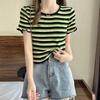 Полосатый вязаный свитер с короткими рукавами для женщин, летний круглый вырез, грибовидный край, универсальный контрастный цвет, короткий стиль, стройнящий эффект на одежде