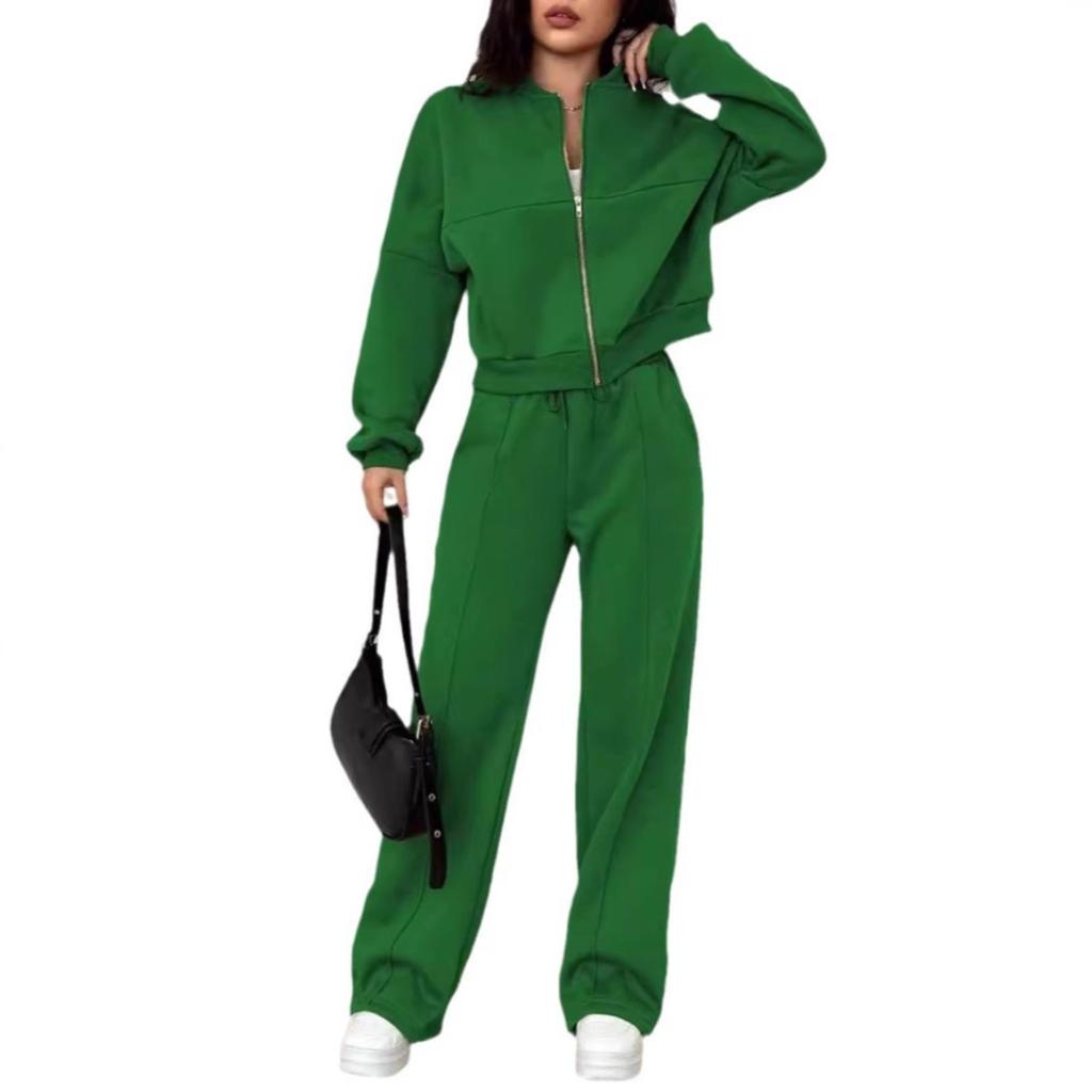 Autumn Solid Color Zipper Casual Sports Long Sleeved Top with Drawstring Casual Pants Two-piece Set
