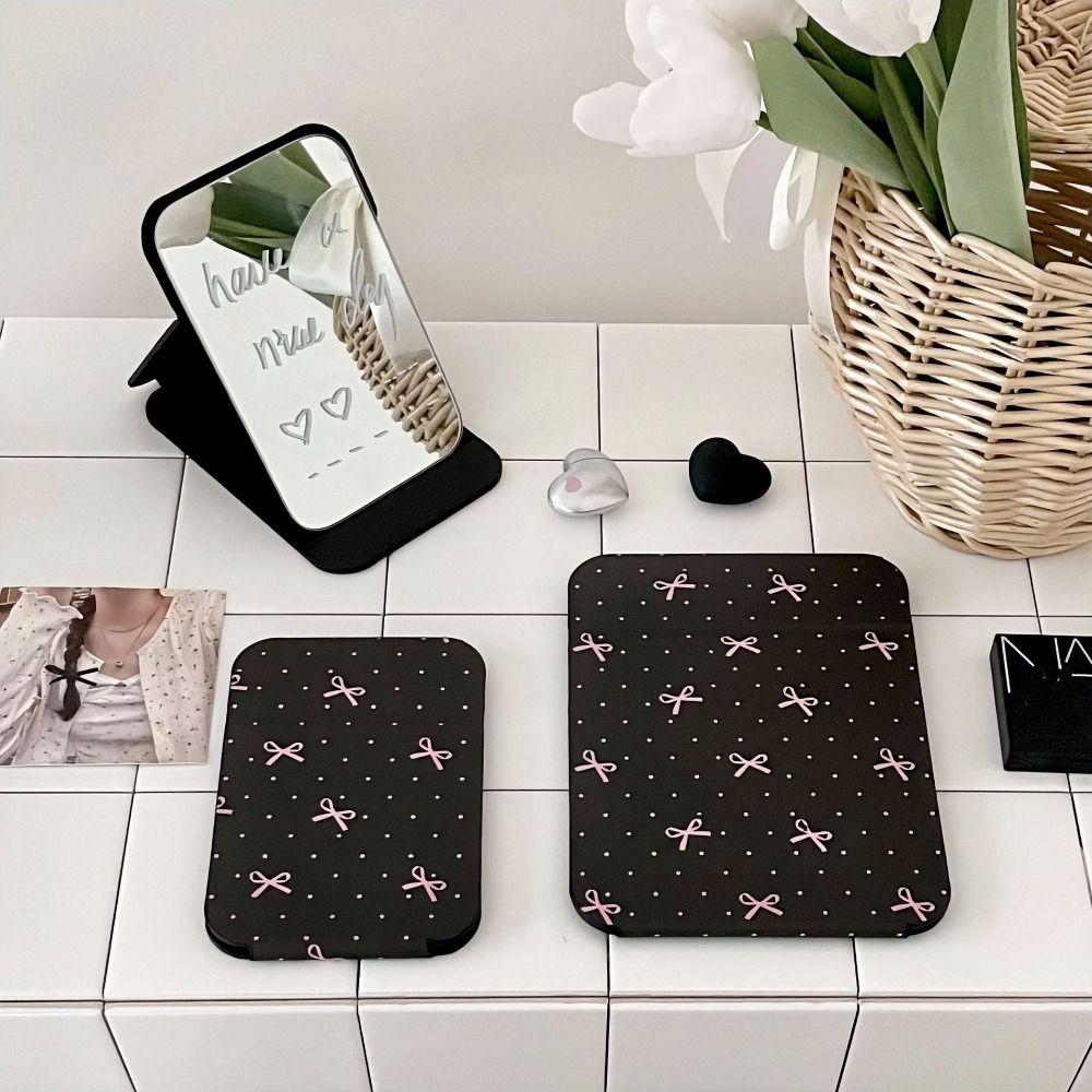 Pu Leather Desktop Stand Mirror Pink Bow Compact Cosmetic Mirror Vanity Mirror Folding Easy To Carry Fold Makeup Mirror