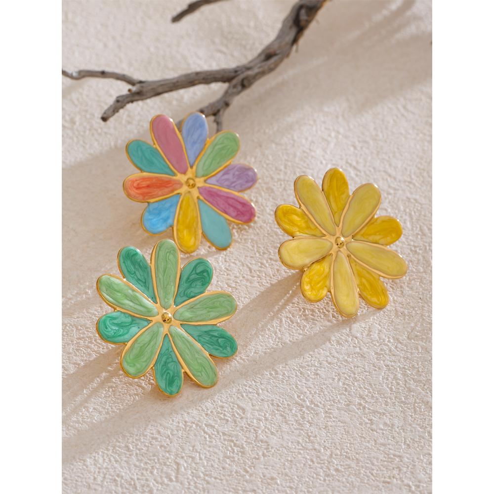 Eetit Trendy Colorful Enamel Flower Y2K Golden Ring for Women Summer Daily Stainless Steel Trendy Adjustable Finger Jewelry Gift