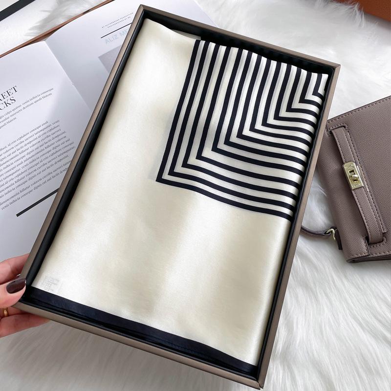 Elegant Striped Silk Scarf: Large Square for Women’s Spring & Autumn, Versatile Sunscreen, Mulberry Silk 90 Shawl