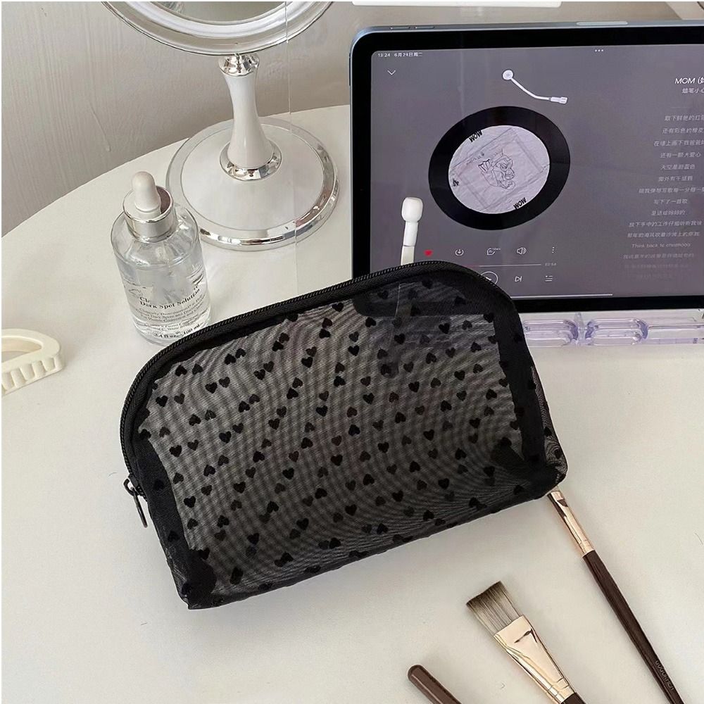 Wave Point Transparent Cosmetic Bag Zipper Love Heart Mesh Makeup Bag Fashion   Travel