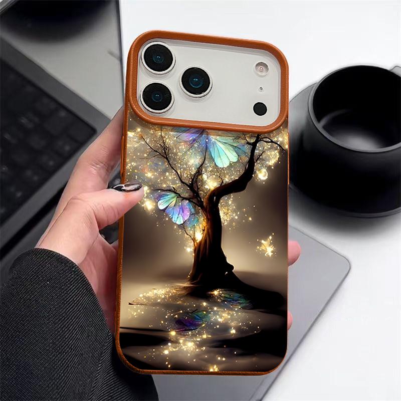 Для iPhone 17 Pro Max Чехол Роскошный Сияющий Фантастическое Дерево Узор Бабочки Кожаная Текстура Силиконовая Крышка Для iPhone 16 Pro Max 15 14 13 12 11 16E Air