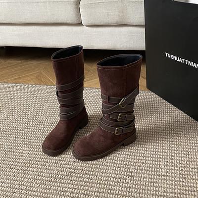 Новые ретро замшевые ремни с пряжкой, рыцарские ботинки, женские ботинки на толстой подошве в стиле вестерн, ковбойские ботинки, высокие ботинки в стиле пустоши для женщин